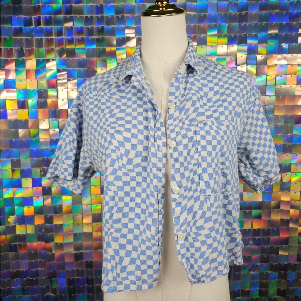 Hollister California Blue White Checkerboard Short Sleeve Button‎ Up Shirt Top